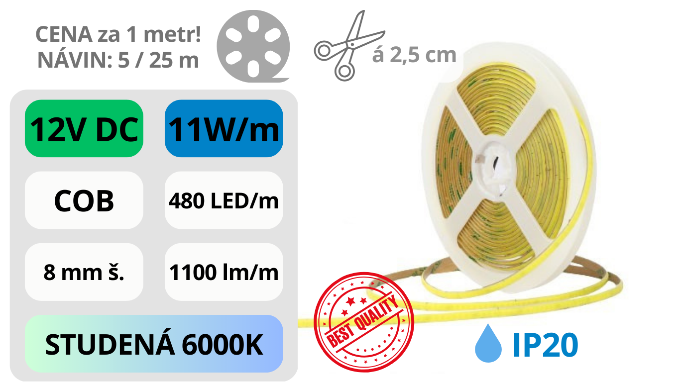 LED pásek COB 12V / 480LED / 11W / 6000K / IP20 / 8mm